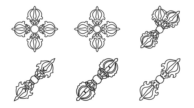 vajra , six black Continuous Line Art (Single Line) vector set collection , white background , PNG and SVG