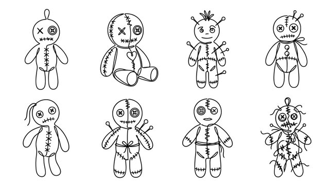 voodoo doll , six black Continuous Line Art (Single Line) vector set collection , white background , PNG and SVG