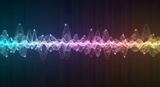 Colorful sound wave or digital data visualization on dark background with glowing particles