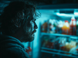 Fototapeta premium Man looking into open refrigerator at night - concept of late night eating, hunger and daily routine
