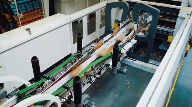 Highspeed conveyor system forms uniform cardboard containers efficiently. Modern packaging facility utilizes automated machinery to produce consistent and quality cardboard shells for shipment