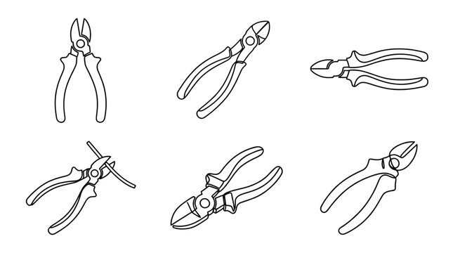 wire cutter , six black Continuous Line Art (Single Line) vector set collection , white background , PNG and SVG
