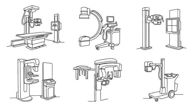 xray machine , six black Continuous Line Art (Single Line) vector set collection , white background , PNG and SVG