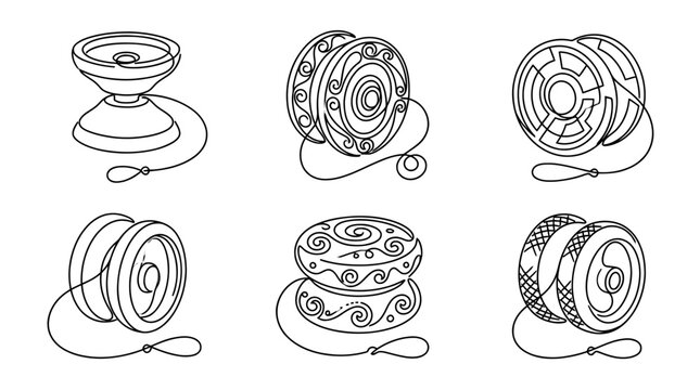yoyo , six black Continuous Line Art (Single Line) vector set collection , white background , PNG and SVG