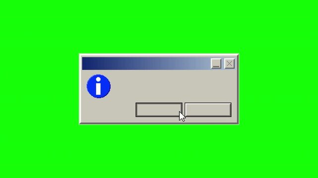Pixel art animation of informational dialog window with info icon and two blank buttons. Mouse pointer selects one button and the panel disappears. Retro computer interface style on green screen backg