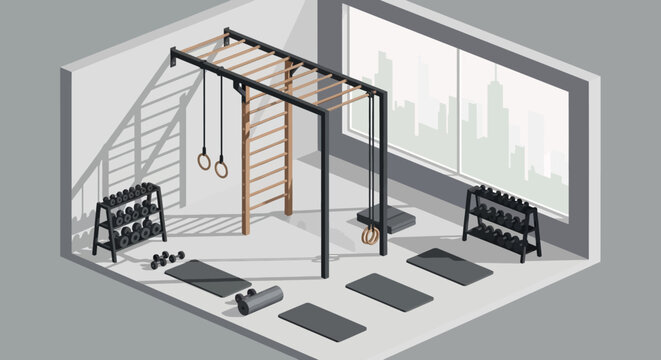 Isometric Home Gym with Exercise Equipment and Workout Space.