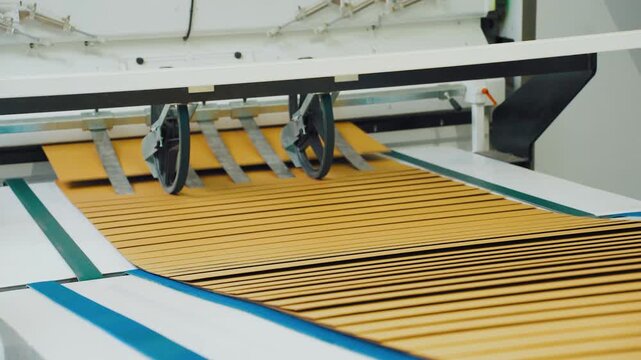 Modern packing process. Corrugated board transport system. Automated conveyor handling cardboard sheets efficiently. Industrial packaging line with sensors and automatic controls in operation