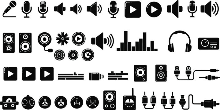 Collection of black audio and recording equipment icons