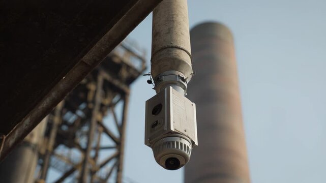 Surveillance camera providing security and monitoring an industrial site with a tall smokestack and metal structures under a bright sky, emphasizing observation and protection