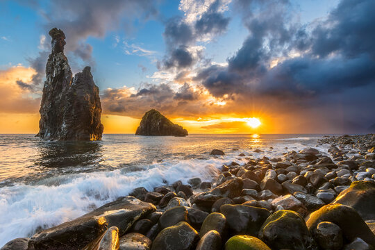 Sea stacks at sunrise on Madeira coast Miradouro Ilh�us da Ribeira da Janela