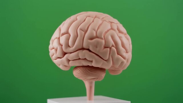 Anatomical brain model rotating on green background.