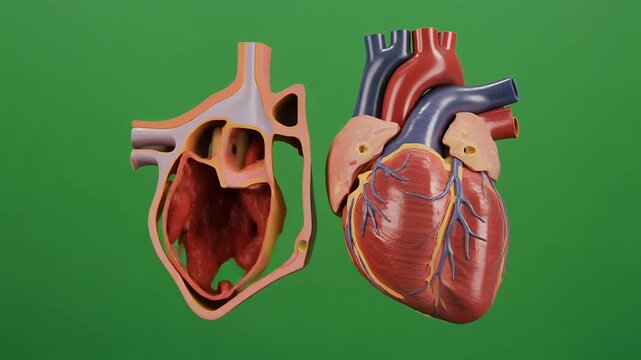Anatomical heart model opens showing detailed internal structures on green background.