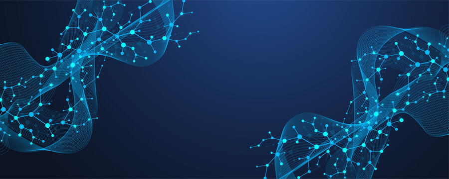 Molecular abstract structure and genetic engineering DNA. Healthcare and medicine background concept. Scientific research background. Wave flow. Innovation pattern, illustration.