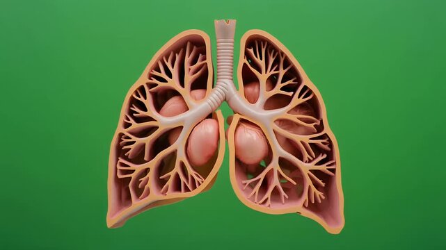 Anatomical human lungs 3D model rotating on green background.