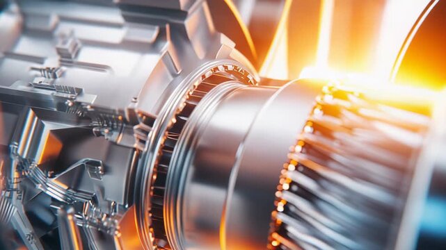 Turbine engine core with illuminated components, illustrating mechanical engineering, innovation, and industrial power generation for advanced systems and futuristic concepts