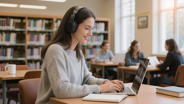 Young Female Student Wearing Headphones Studying on Laptop in University Library