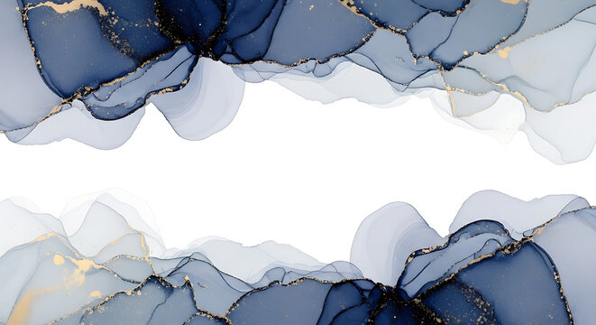 Abstract blue and grey ink swirls with gold accents on white background