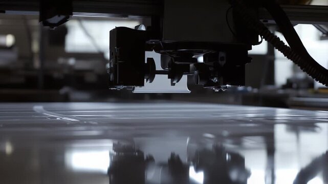 Industrial 3d printer head depositing liquid plastic material onto a surface, building up layers for advanced manufacturing and rapid prototyping processes