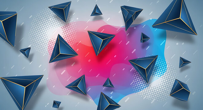 3D abstract blue geometric pyramids floating on a colorful watercolor splash background with subtle dots, suggesting creativity, art, and science