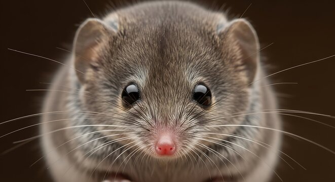Close-up Portrait of a Cute Mouse with Whiskers and Big Eyes.