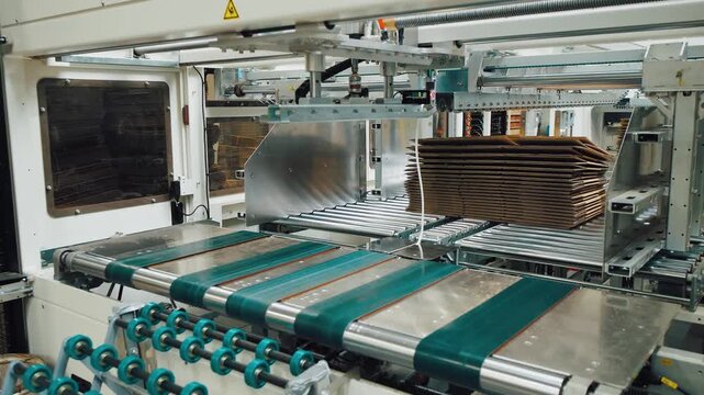 Efficient robotic system arranges finished cardboard sheets. Automated lifting and aligning machine arranges completed cardboard sheets into organized stacks on conveyor in packaging area
