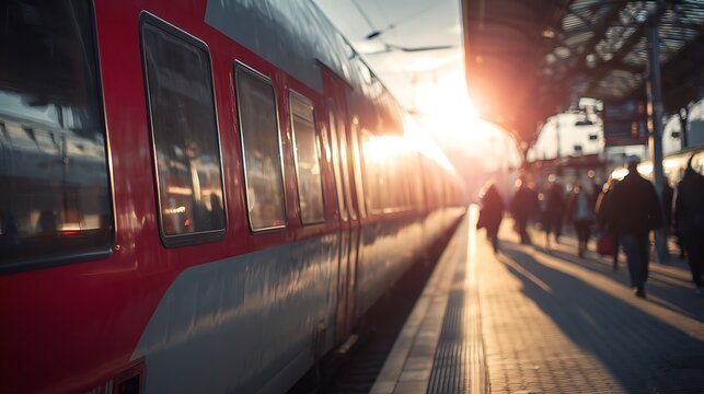 Modern Red Train Arriving at Station During Golden Hour Sunset.