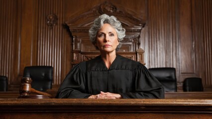 Obraz premium Confident and authoritative mature female judge with grey hair sitting behind the bench in a traditional wooden courtroom, a gavel resting on the desk, symbolizing justice and law.