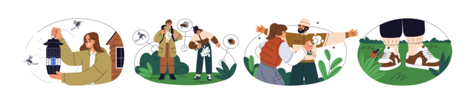 Insect bites protection and prevention, set. People using repellents outdoors, applying spray, anti mosquito lantern, covering ankle from mite. Flat vector illustration isolated on white background