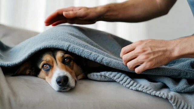 Person tucking sleeping dog under blanket