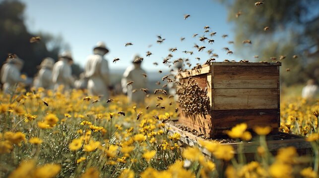 Beekeepers tending to hives in a vibrant field of yellow flowers under a clear sky.