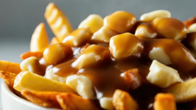 Bowl of poutine with steaming gravy and cheese curds