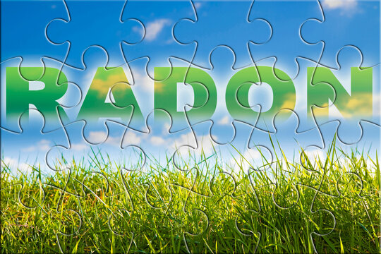 Radon, the natural radioactive gas that comes from the earth - solution concept with radon text over a green mowed lawn in jigsaw puzzle shape