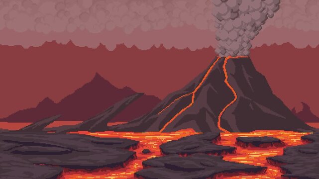 Pixel art volcano lava landscape animation