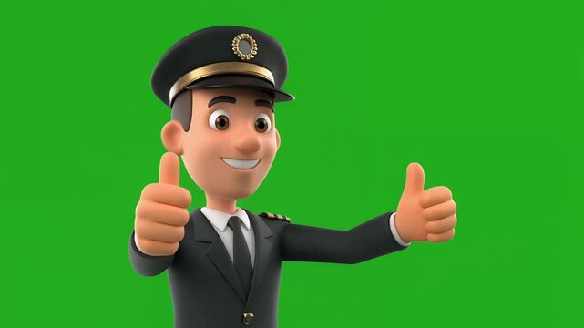 Cheerful cartoon airline pilot giving thumbs up on green.