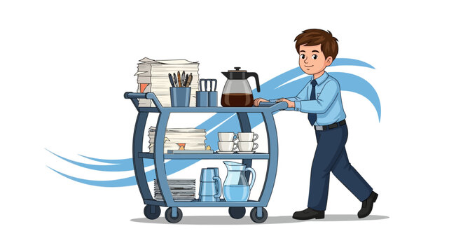Cartoon-style illustration of a male office worker pushing a cleaning service cart filled with supplies and a coffee pot, set against a clean white background, conveying a lighthearted