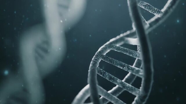 Rotating dna double helix in blue on a dark background, symbolizing genetic research, molecular biology, biotechnology, medicine, and the information coding life and heredity