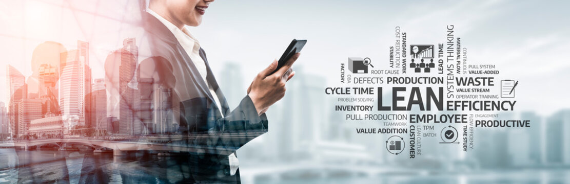 A business professional stands in an urban setting while checking a smartphone. Lean management concepts highlight strategies for efficiency and productivity. Tessel