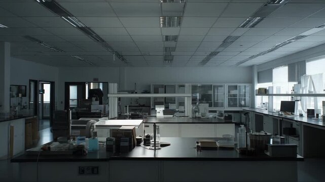 Empty modern science laboratory interior with various equipment, benches, and a large window, creating an atmosphere of research, medical study, and technological advancement