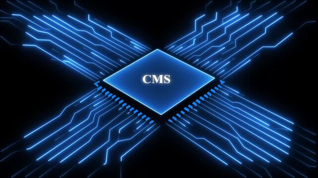 Blue C M S Chip Microprocessor with Glowing Circuit Board Lines on Black Background for Technology and Computing Concepts. Technology and network concept.  4k video animation on black background.