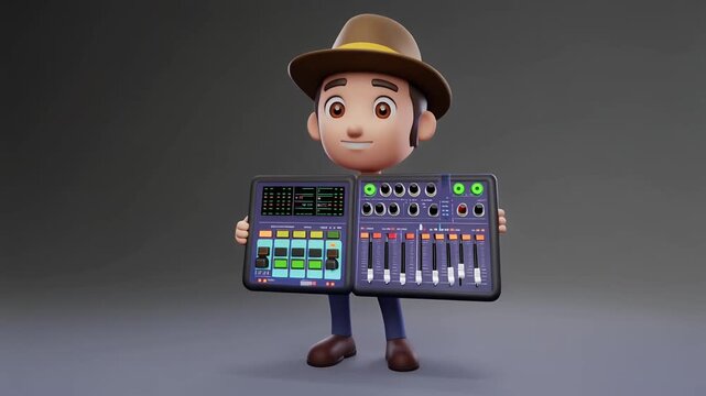 Cute 3D character presenting audio mixing console.