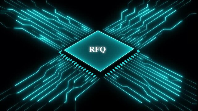 R F Q Request for Quote Circuit Board Microchip with Glowing Blue Lines on Black Background Technology Concept for Business Finance and Engineering Applications. Technology and network concept. 