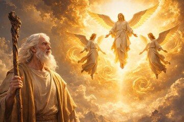 Fototapeta premium An old wise man with a staff contemplates the appearance of three angels in the golden radiance of heaven — a biblical scene of divine revelation and spiritual enlightenment