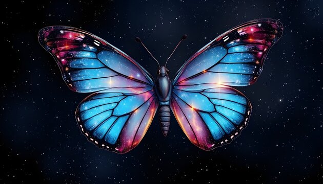 "Fantasy butterfly with glowing blue-pink wings, cosmic galaxy texture, starry dark background."