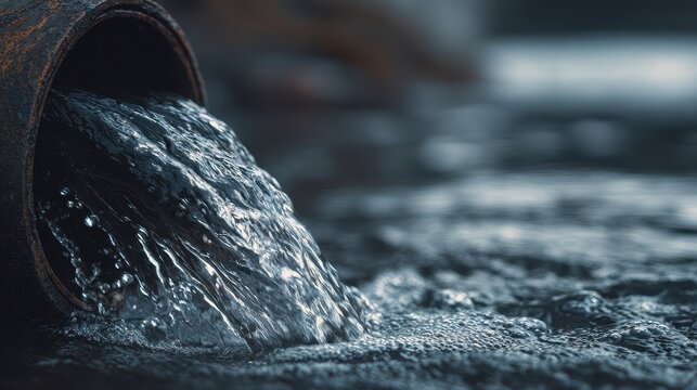 Industrial wastewater flowing from a rusty metal pipe into a dark gritty ground creating ripples and splashes under dramatic moody lighting emphasizing environmental pollution and its consequences
