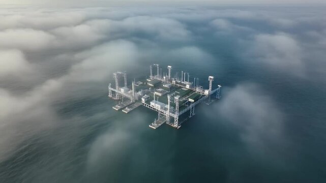 Drone flyover of offshore jackup platforms in sea fog.