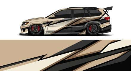 Fototapeta premium Graphic illustration of a stylized beige and black sports car with dynamic racing stripes and futuristic design.