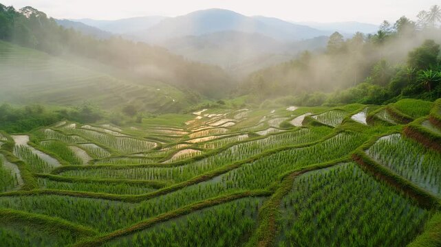 Misty morning over terraced rice fields in a mountain valley