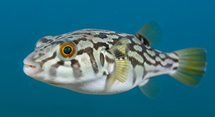 Obraz premium Detailed Underwater Shot of a Pufferfish Swimming in the Ocean.