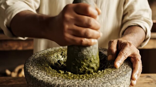 In a rustic workshop filled with earthy colors, a skilled artisan grinds fresh herbs in a sturdy mortar with focused precision, showcasing the beauty of age-old traditions and handcrafted practices.