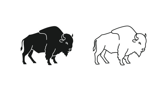 American Bison Symbols Black and White Illustrations Vector